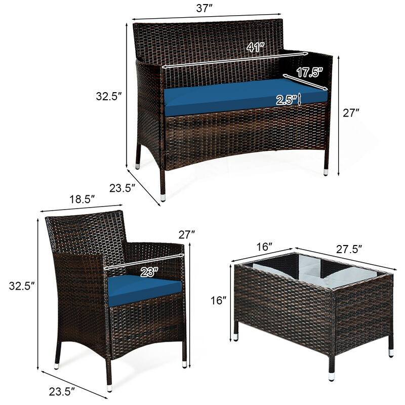 4 Pieces Comfortable Outdoor Rattan Sofa Set with Glass Coffee Table