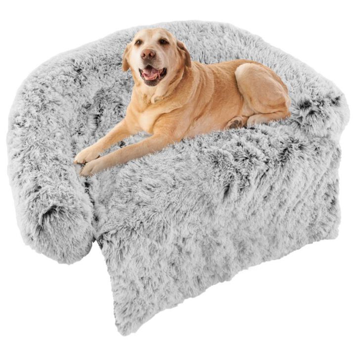 Hivvago White Plush Calming Dog Couch Bed with Anti-Slip Bottom