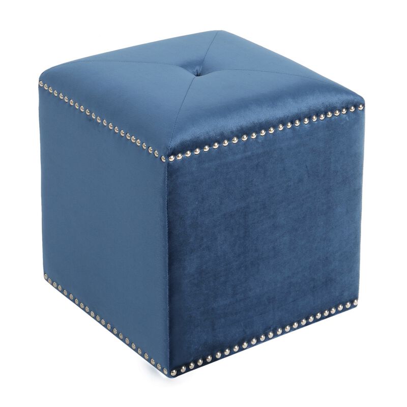 Neli Ottoman, Blue Velvet, Single Tuft on Top, Nailhead Trim, 17 Inch - Benzara