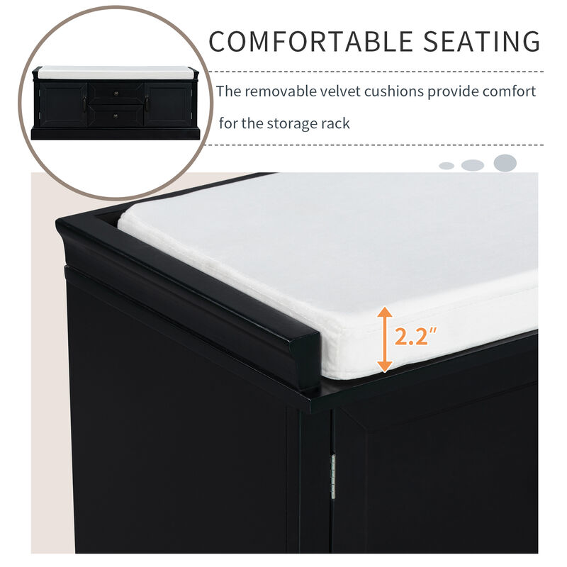 Storage Bench With 2 Drawers And 2 Cabinets, Shoe Bench With Removable Cushion For Living Room