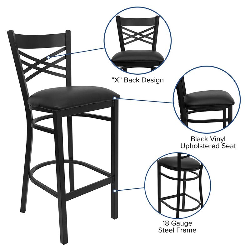 Flash Furniture HERCULES Series Black ''X'' Back Metal Restaurant Barstool - Black Vinyl Seat