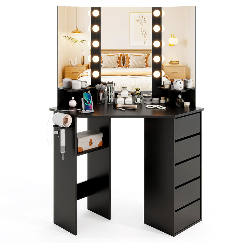 Corner Vanity Desk with 3-Color LED Lighted Mirror and Power Outlet