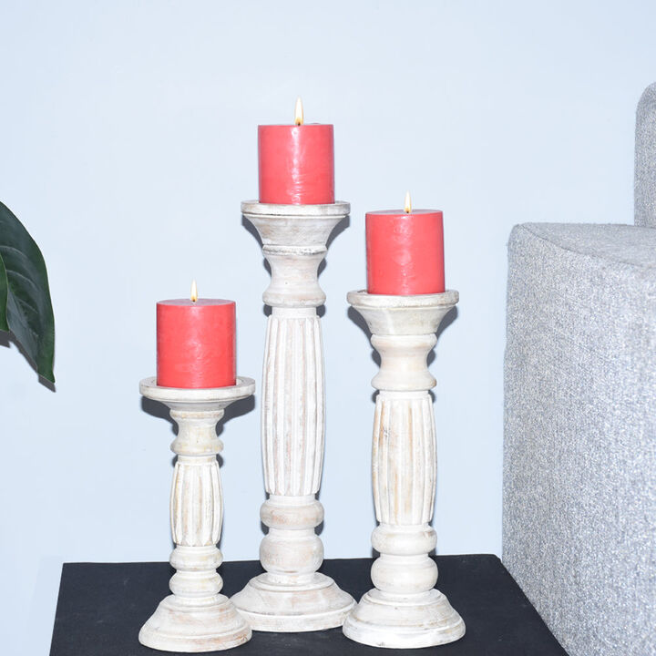 Traditional Antique White Eco-friendly Handmade Mango Wood Set Of Three 9",12" & 15" Pillar Candle Holder