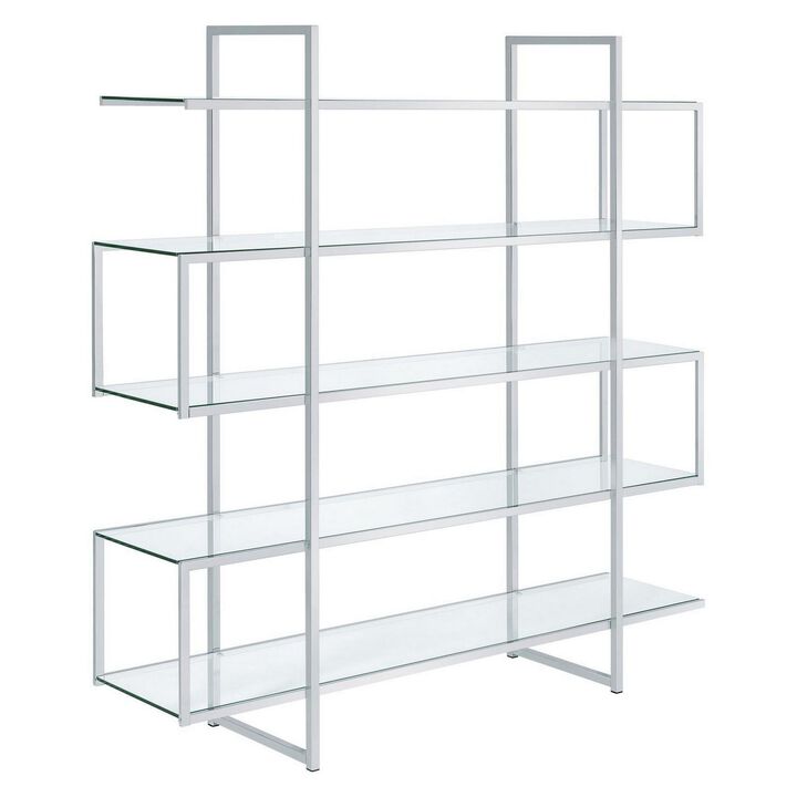 Bookcase with 5 Tempered Glass Shelves and Electroplated Frame, Chrome-Benzara