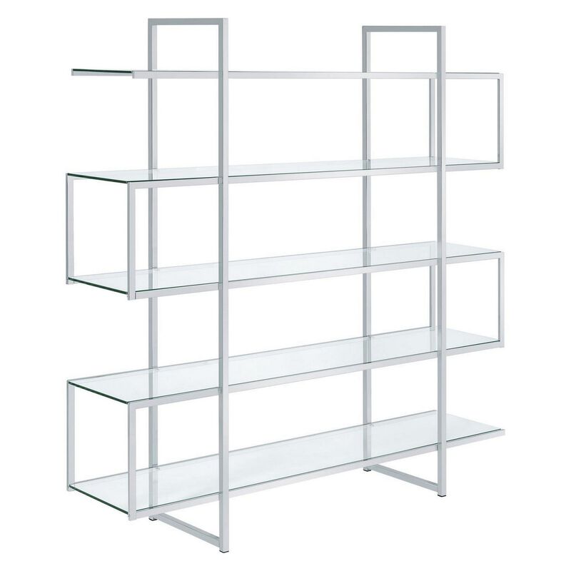 Bookcase with 5 Tempered Glass Shelves and Electroplated Frame, Chrome-Benzara