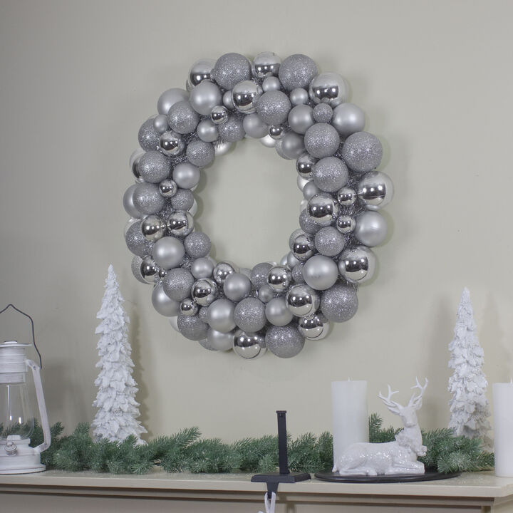 Silver Splendor 3-Finish Shatterproof Ball Christmas Wreath  24" - Unlit