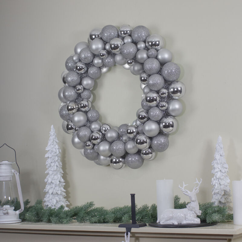 Silver Splendor 3-Finish Shatterproof Ball Christmas Wreath  24" - Unlit