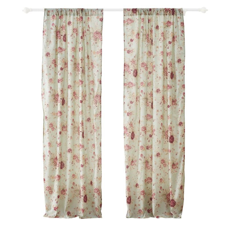 Rosle Set of 2 Window Curtains, Cotton, Antique Rose Print, Multicolor - Benzara