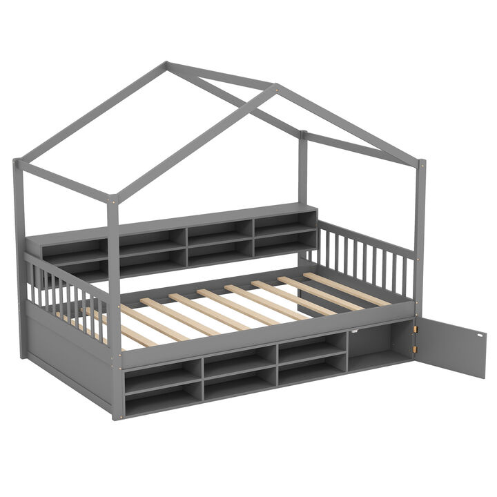 House Bed with Roof with 14 Storage Cubes and Enclosed Cabinet