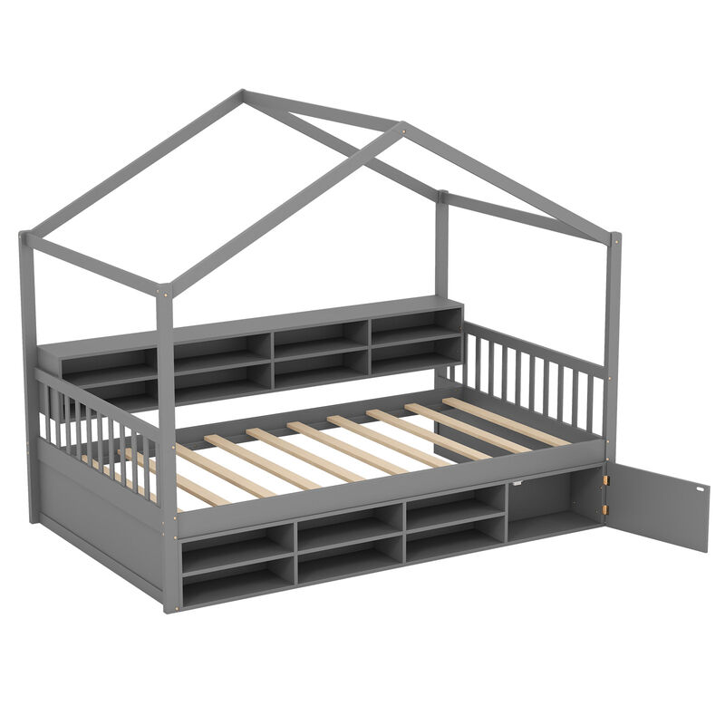 House Bed with Roof with 14 Storage Cubes and Enclosed Cabinet
