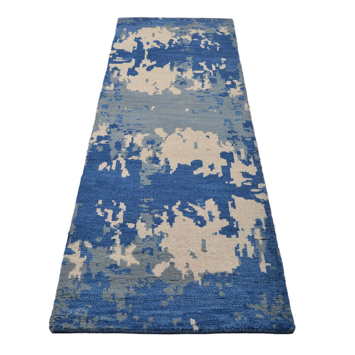 HAND KNOTTED WOOL Abstract AREA RUGS  - 2'6''x10', Runner Shape, Blue Beige Color, Abstract Modern, Medium Pile Handmade Area Rugs for Living Room, Bed Room (N00806)