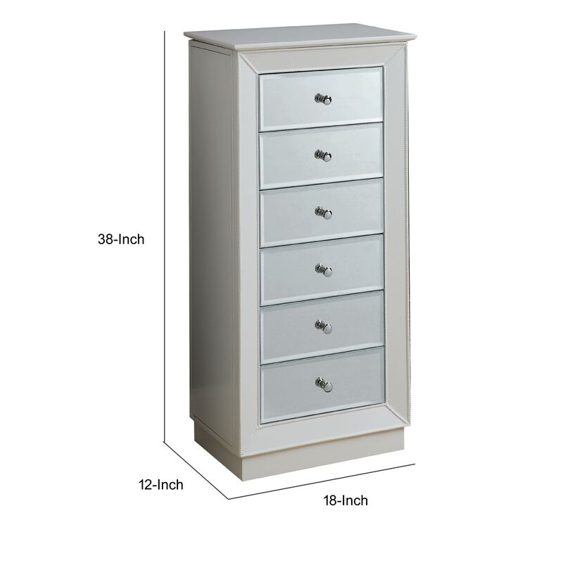 Wood Jewelry Armoire Having 6 Drawers with Mirror Front, White-Benzara