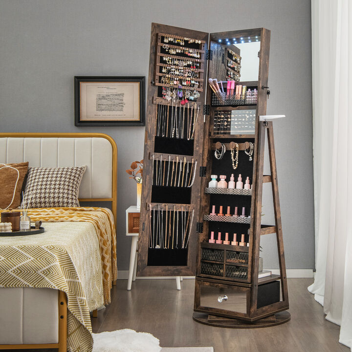 Lockable 360° Swivel Jewelry Cabinet with Full-Length Mirror LED Lights