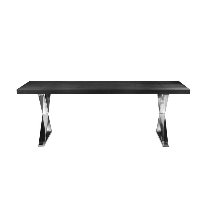 Rix 87 Inch Dining Table, Black Wood Top, X Chrome Finished Steel Legs - Benzara