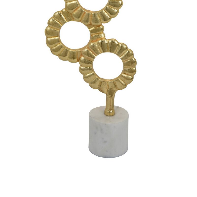 Sherry Tabletop Decor, 23 Inch Golden Metal Round Patterns, White Base - Benzara