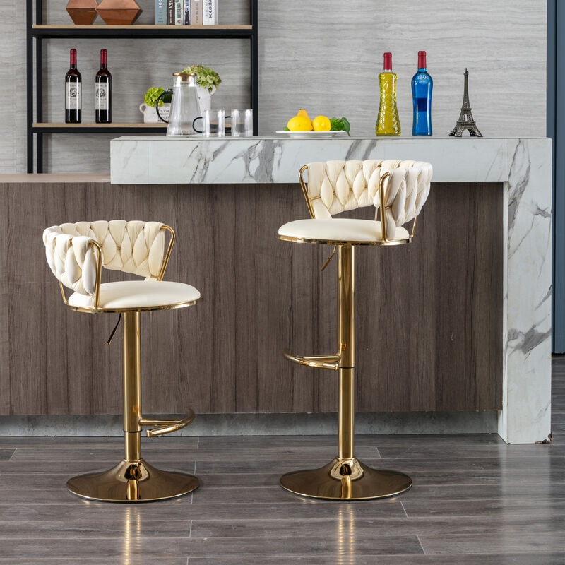 Set of 2 Bar Stools, with Chrome Footrest and Base Swivel Height Adjustable Mechanical Lifting Velvet + Golden Leg Simple Bar Stool-Cream