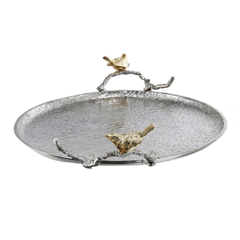 21 Inch Decorative Tray Set of 2, Perched Birds Silver Metal, Large-Benzara