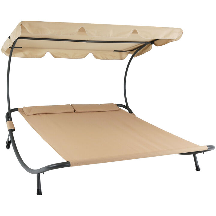Sunnydaze Modern Fabric Double Chaise Lounge Bed with Canopy - Beige