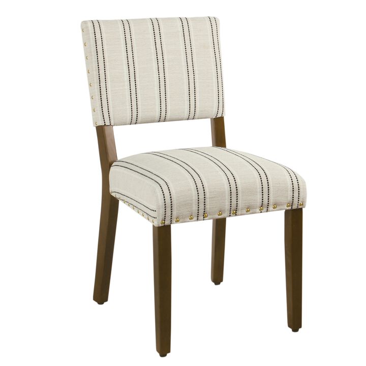 Wooden Dining Chair with Striped Pattern Fabric Cushioned Seat, Black and White, Set of Two - Benzara