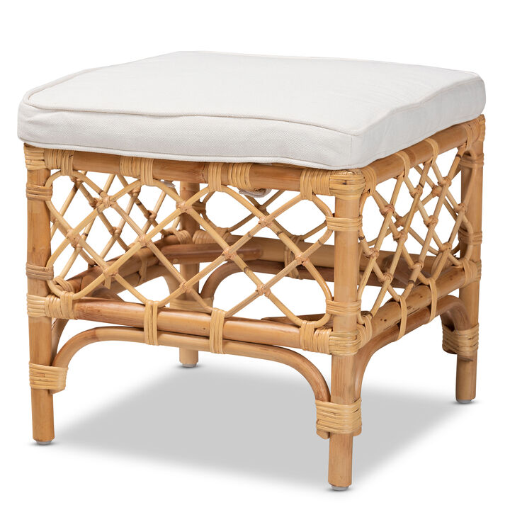 Baxton Studio Orchard Modern Bohemian White Fabric Upholstered Rattan Ottoman