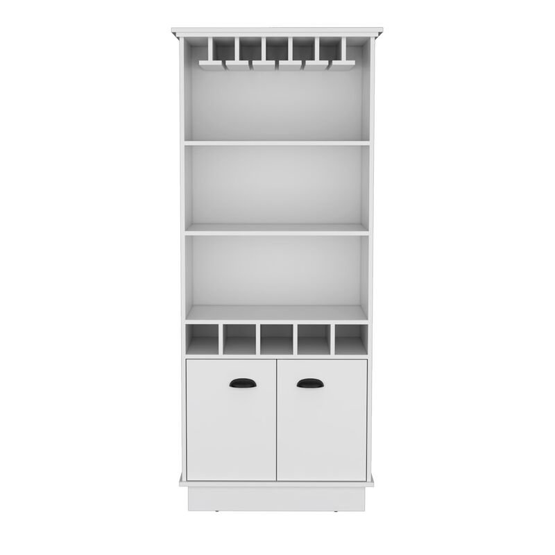 Dundee 70-Inch High 10-Glass Bar Cabinet with 5 Cubbies and 3 Open Shelves and Cabinet
