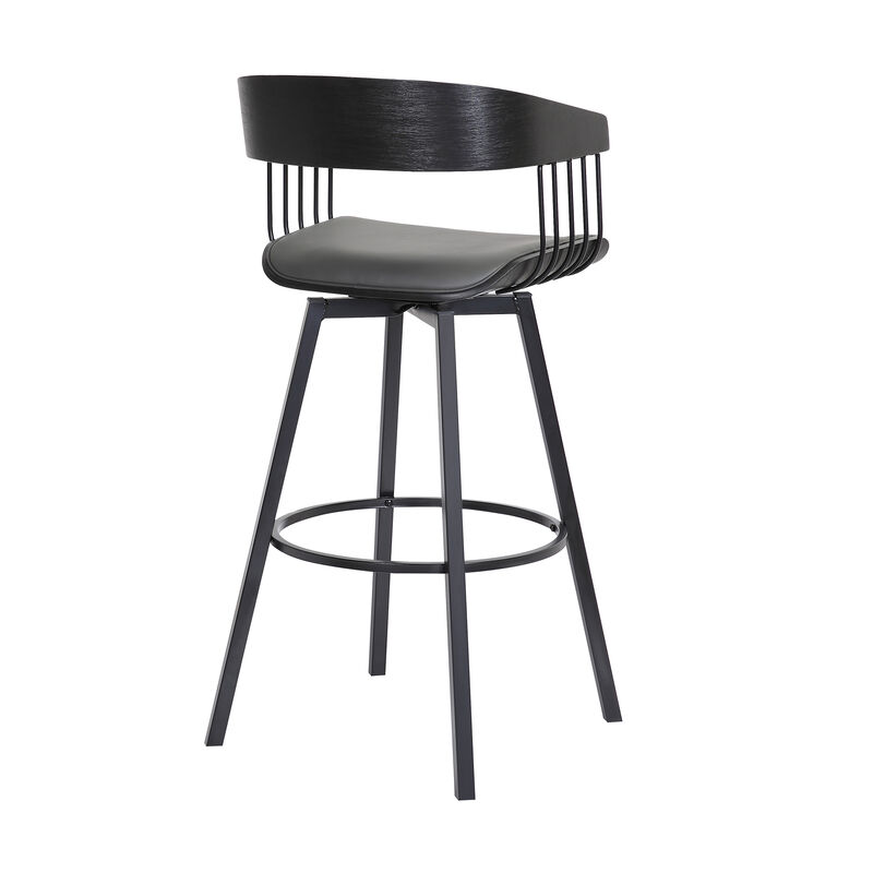 Athena Swivel Black Wood Counter Stool in Grey Faux Leather with Black Metal