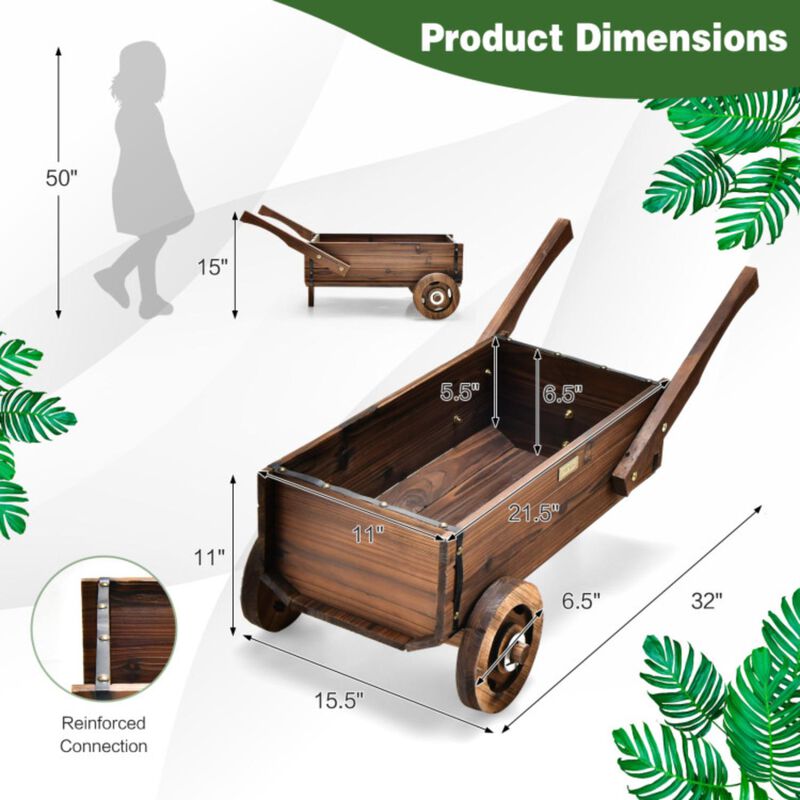 Hivvago Wooden Wagon Planter Box with Wheels Handles and Drainage Hole-Rustic Brown