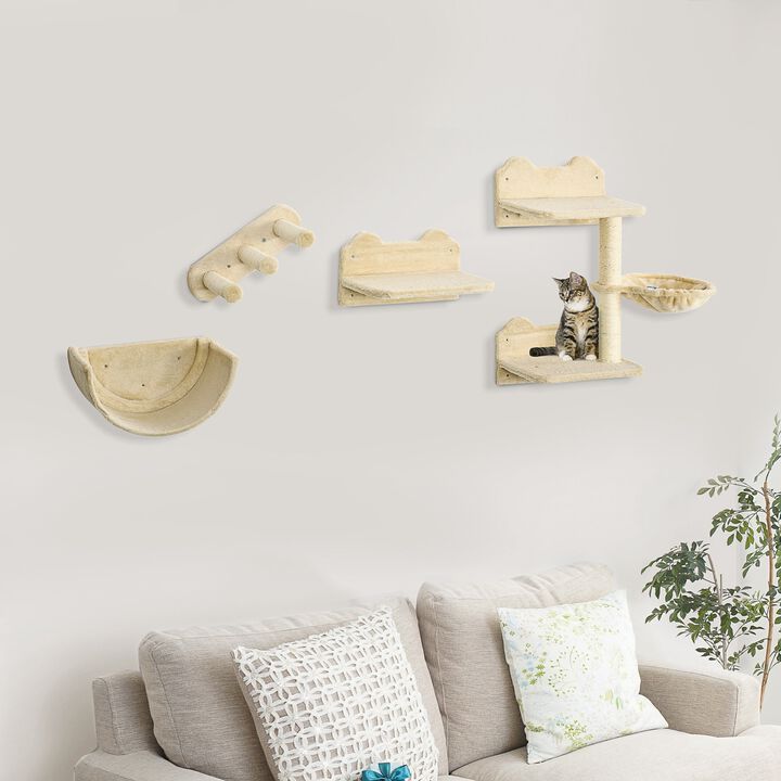 Beige Cat Playground: Wall Shelves with Hammock & Scratching Post