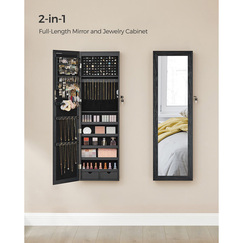 Mirror Jewelry Armoire with 6 LEDs - 47.2" Lockable Wall/Door Mounted Cabinet with 2 Drawers