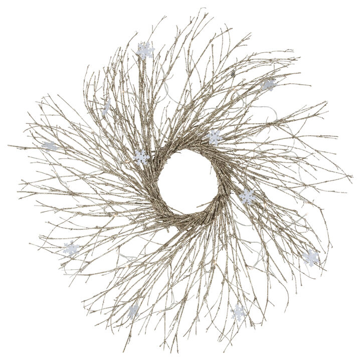 28" Pre-lit Champagne Glittered Artificial Twig Christmas Wreath  Warm White LED Lights