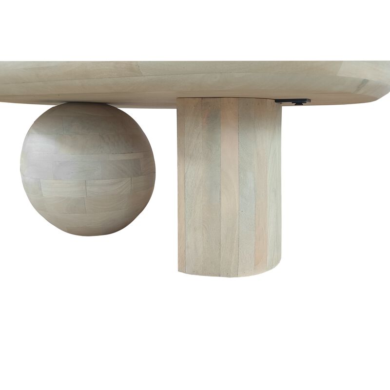 38 Inch Coffee Table, Oblong Mango Wood Top with a Modern Ball Leg, Washed White - Benzara