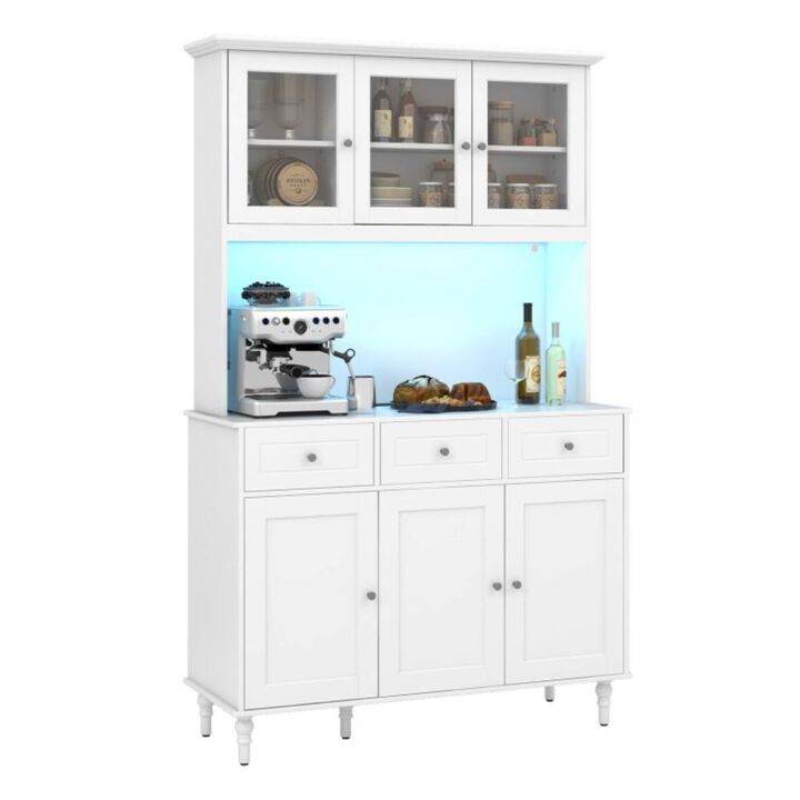 Hivvago 77 Inches Kitchen Pantry Storage Cabinet with LED Lights and Power Outlets-White