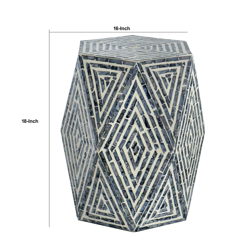 18 Inch Accent Table Stool, Hexagonal Design, Diamond Pattern, Blue, White - Benzara