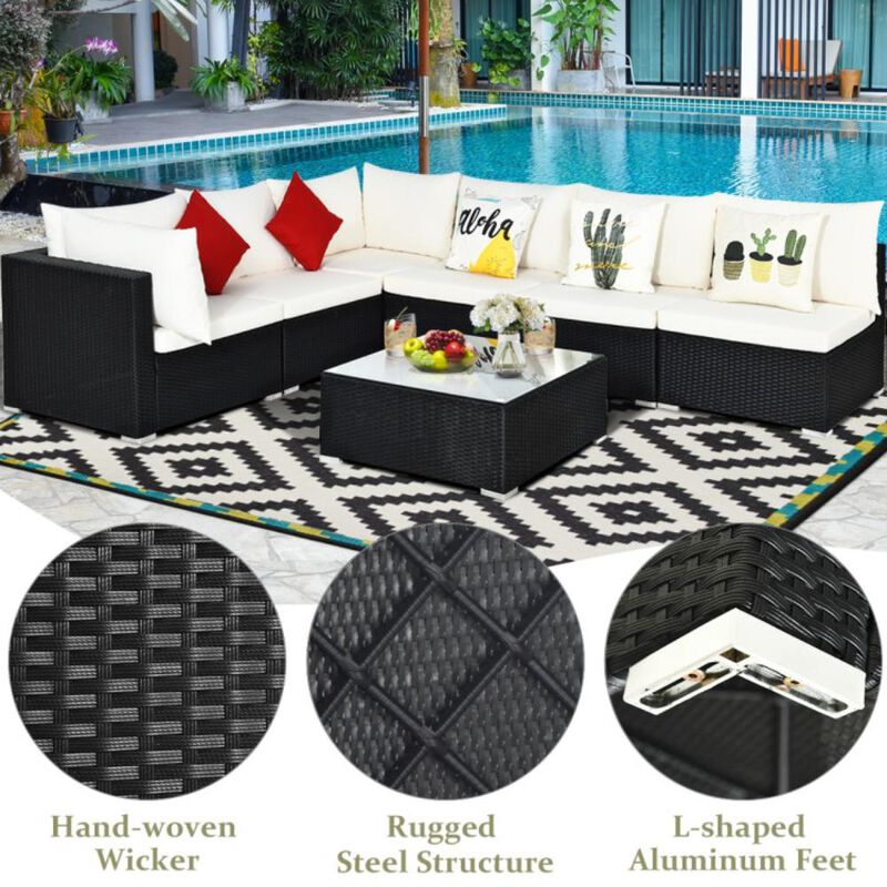 Hivvago 7 Pieces Sectional Wicker Furniture Sofa Set with Tempered Glass Top Coffee Table