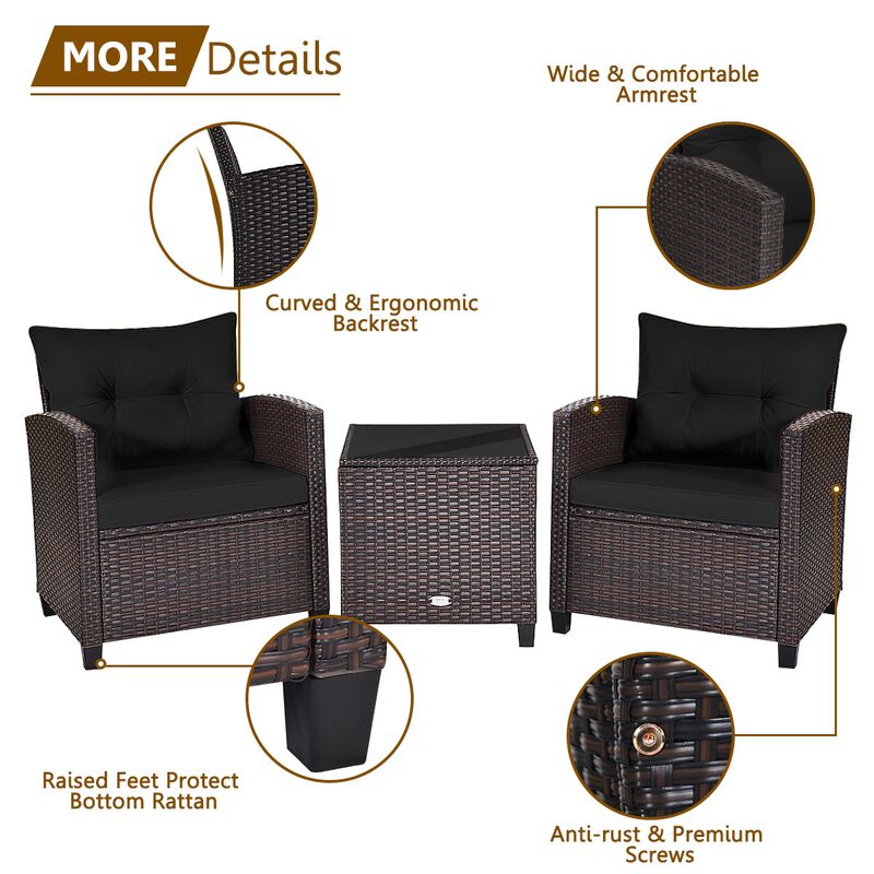 3 Pcs Patio Rattan Furniture Set Cushioned Conversation Set Coffee Table