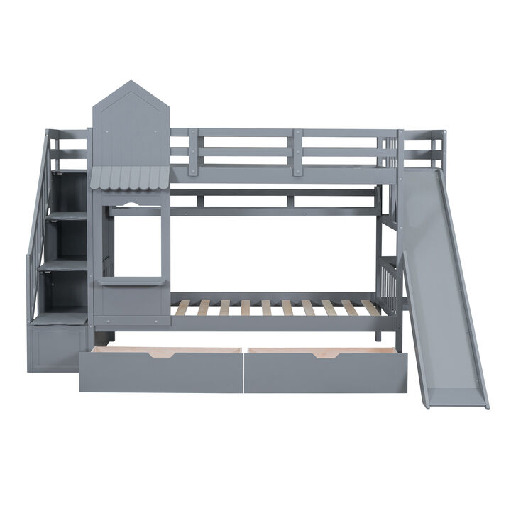 Twin Over Twin Castle Style Bunk Bed With 2 Drawers 3 Shelves And Slide Gray