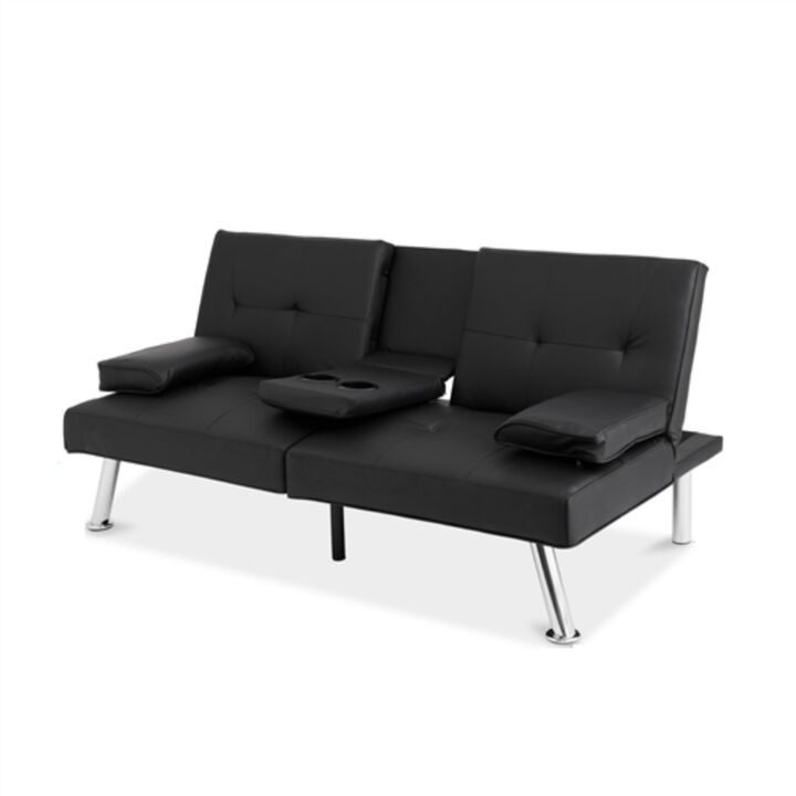 Faux Leather Sleeper Sofa – Convertible Futon with Foldable Cup Holder Armrest for Home & Apartment