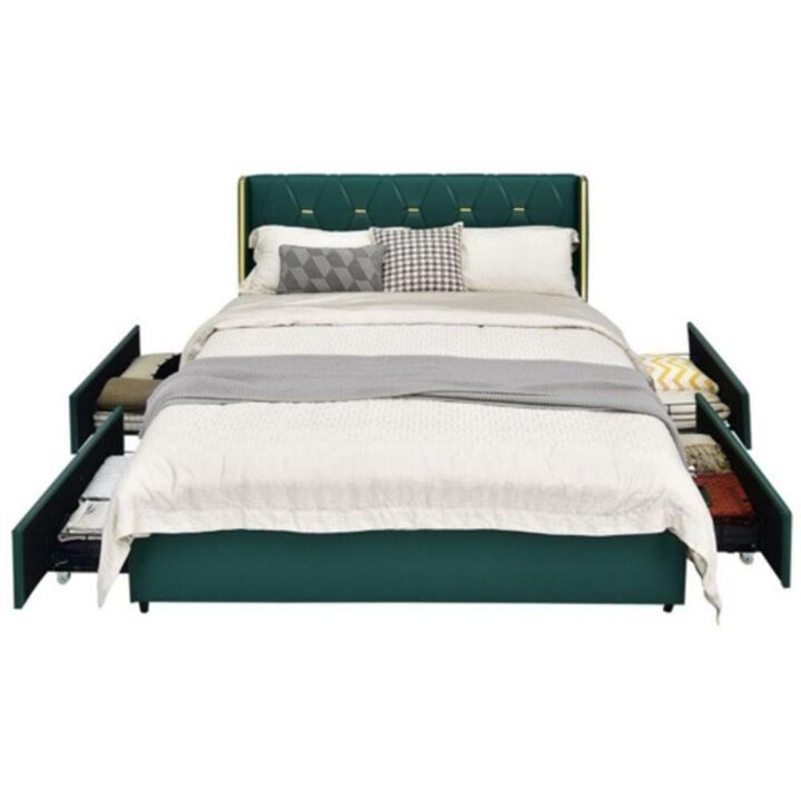 Hivvago Full Size Green/Gold Linen Headboard 4 Drawer Storage Platform Bed