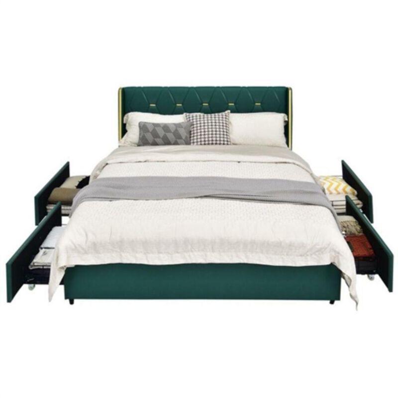 Hivvago Full Size Green/Gold Linen Headboard 4 Drawer Storage Platform Bed