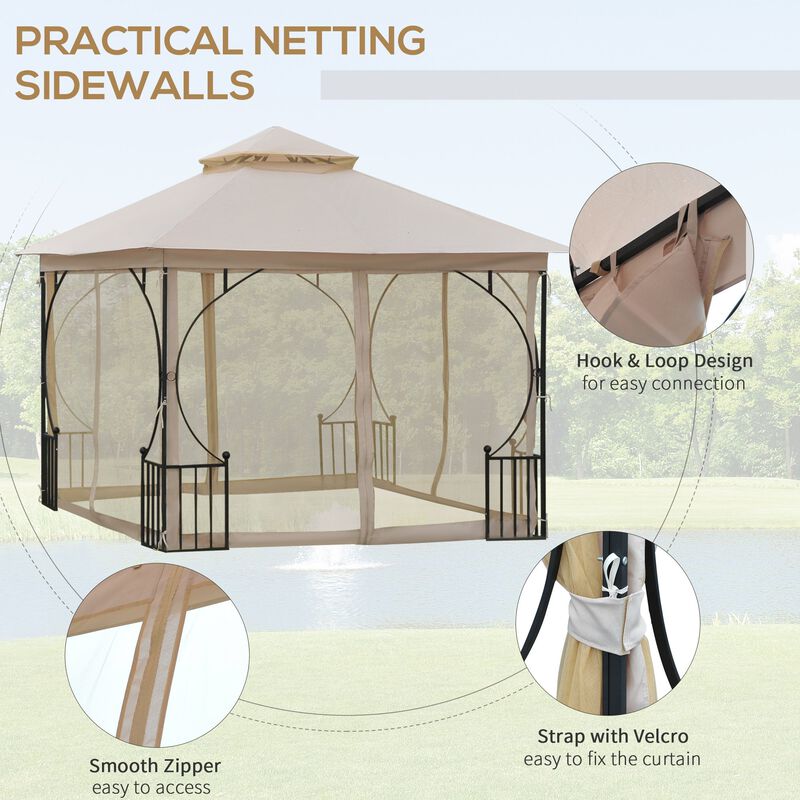 Beige Outdoor Haven: 10'x10' Gazebo Tent with Mesh Netting Sidewalls
