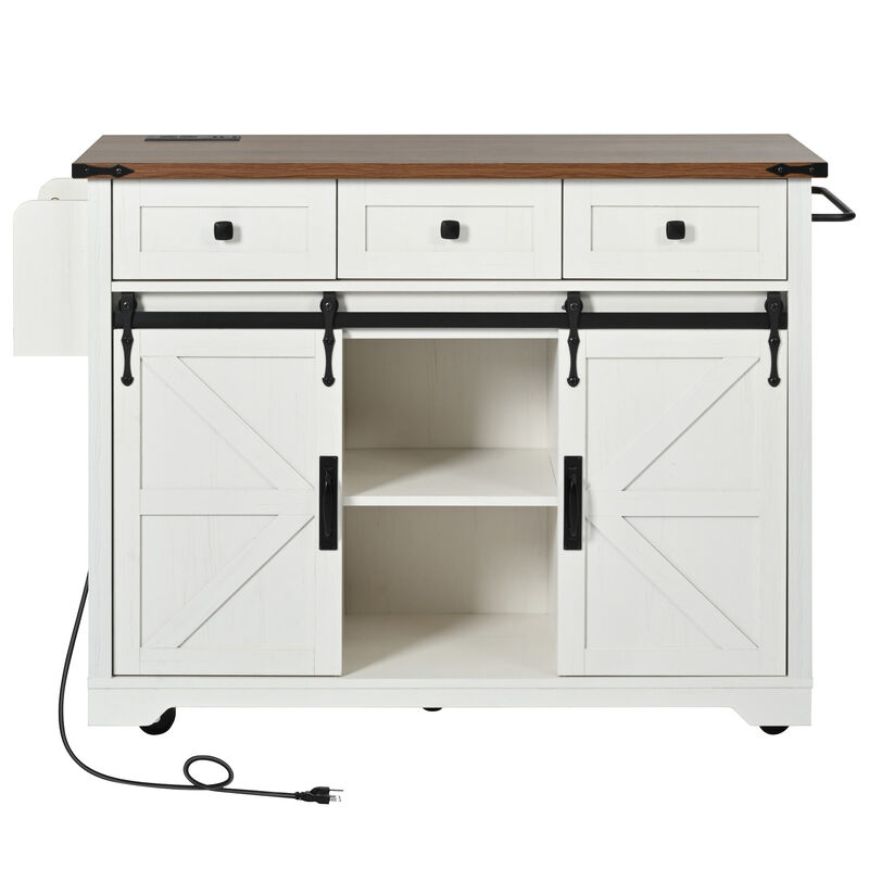 Farmhouse Kitchen Storage Island with Power Outlet, Drop Leaf & Barn Doors