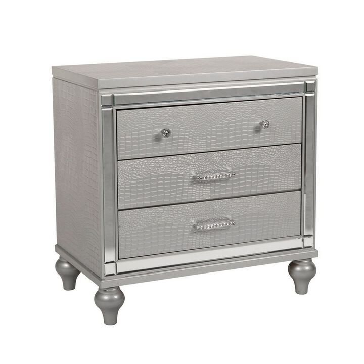 3 Drawer Wooden Nightstand with Mirror Accents and Faux Crystal Pulls, Gray - Benzara