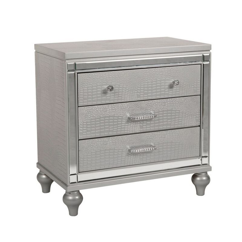 3 Drawer Wooden Nightstand with Mirror Accents and Faux Crystal Pulls, Gray - Benzara