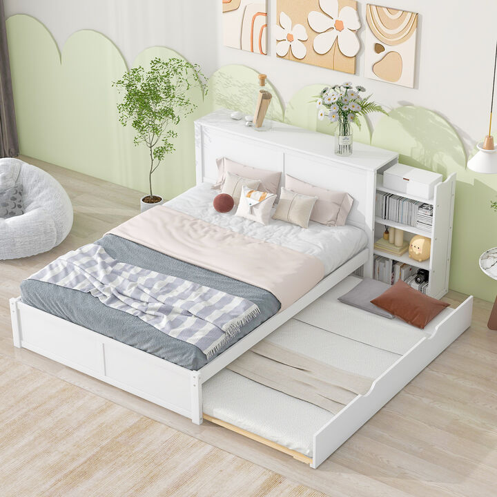 Space-Saving Platform Bed with Storage Shelves and Pull-Out Trundle