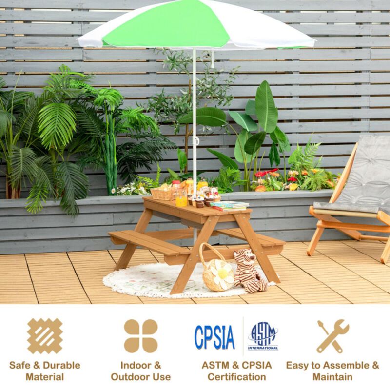 Hivvago 3-in-1 Kids Outdoor Picnic Water Sand Table with Umbrella Play Boxes - Yellow