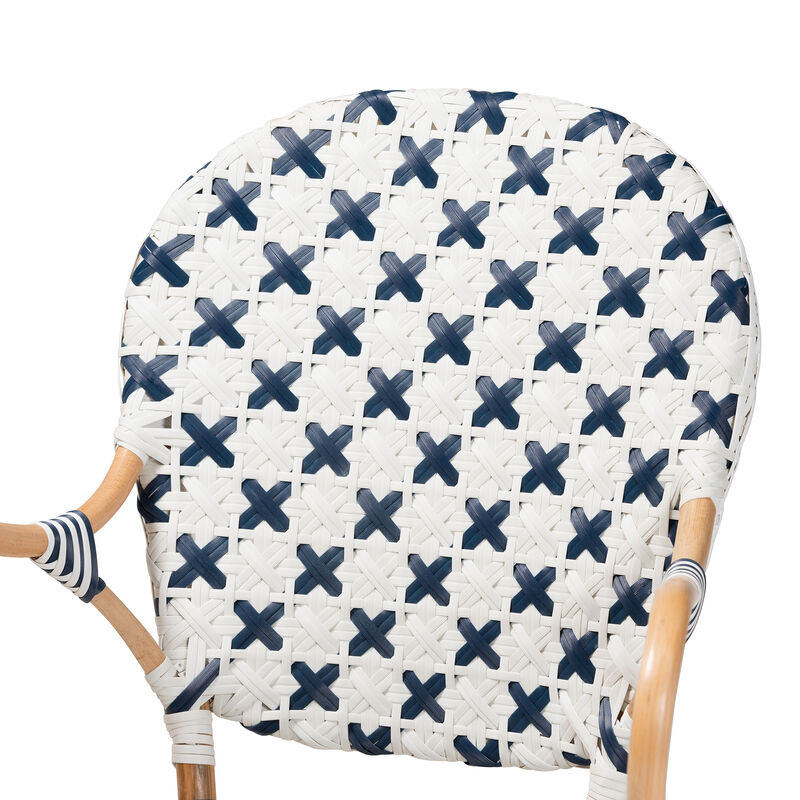 Bali & Pari Bryson Modern French Blue and White Weaving and Natural Rattan Bistro Chair