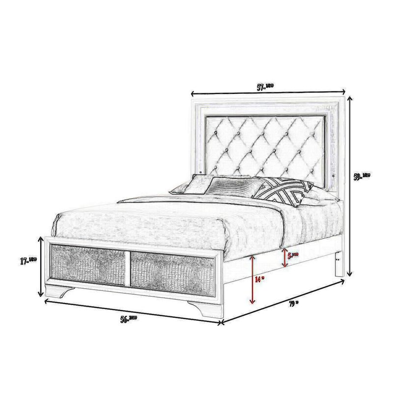 Benjara Lise Full Size Bed, Fabric Upholstery, LED Lit, Modern Wood, White and Gray