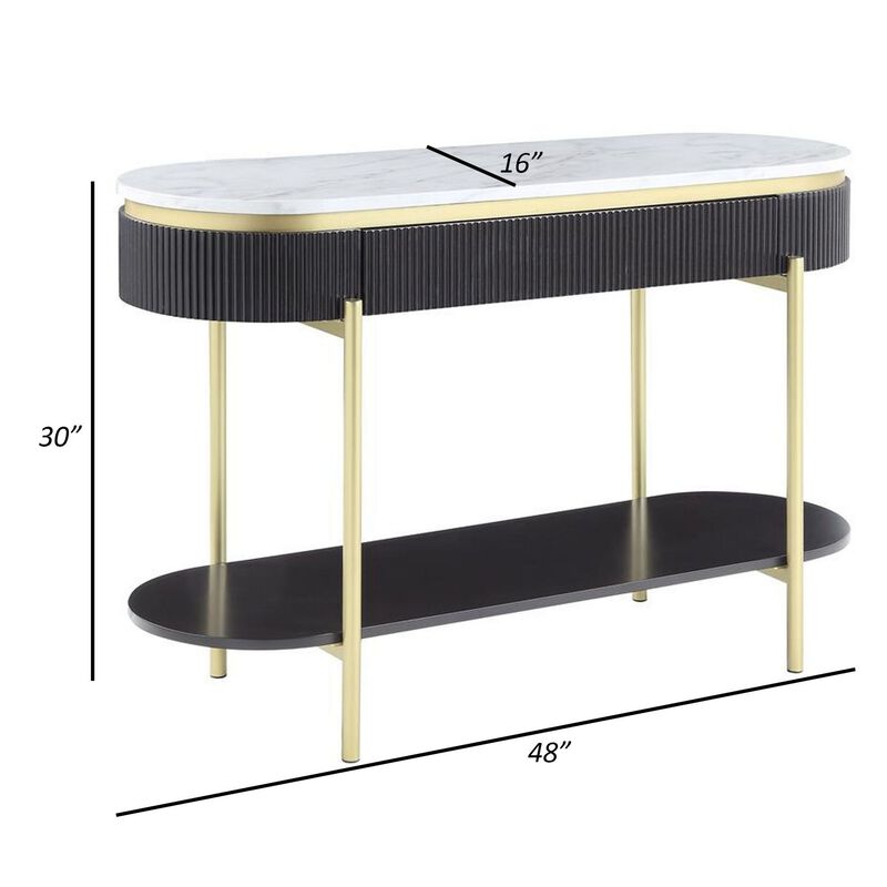 Ville 48 Inch Oblong Sofa Console Table, White Faux Marble Top, Reeded Edge-Benzara