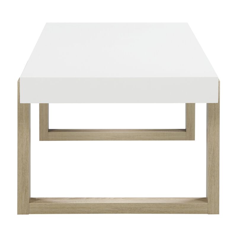Shay 47 Inch Coffee Table, Thick Rectangular Tabletop, High Gloss White-Benzara