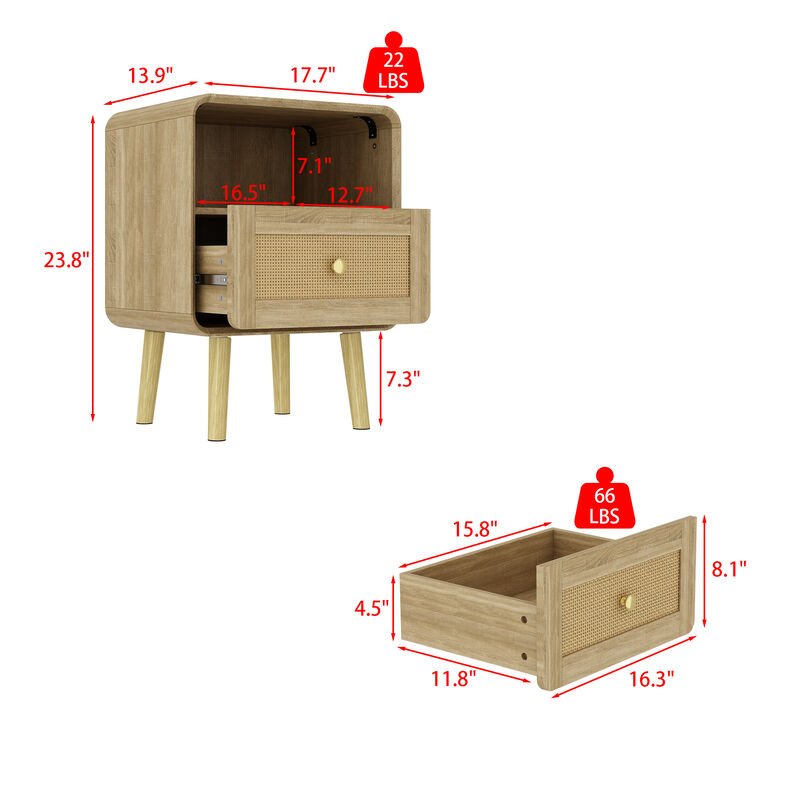 FUFU&GAGA Modern Rattan Nightstand with Drawer & Open Storage, Solid Wood Legs, Natural Wood Grain Finish, (17.7" W x 23.8" H x 13.9" D), Brown